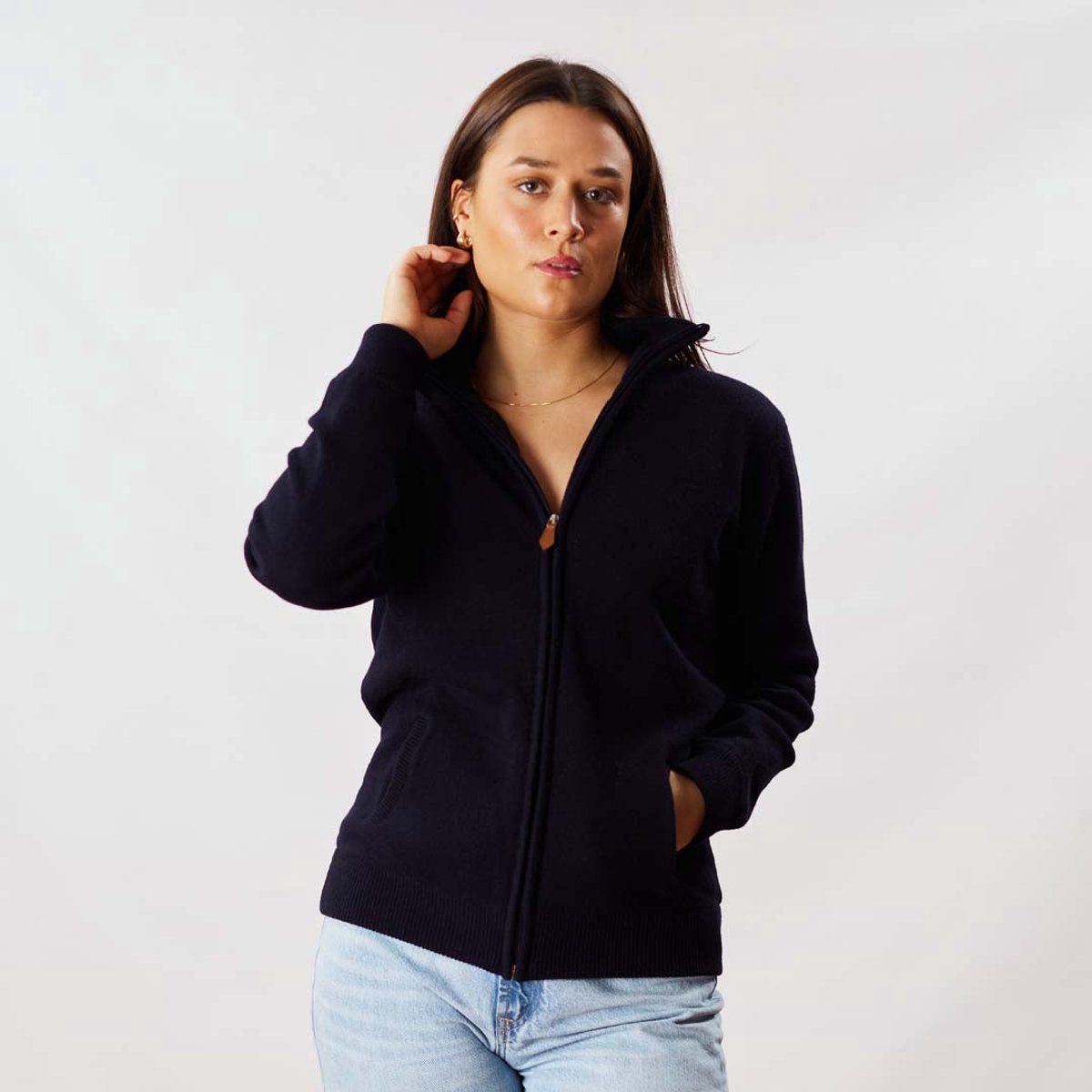 Osborne Knitwear Windstopper cardigan met rits - Dames - Lamswol - Navy - Zwarte voering - XL
