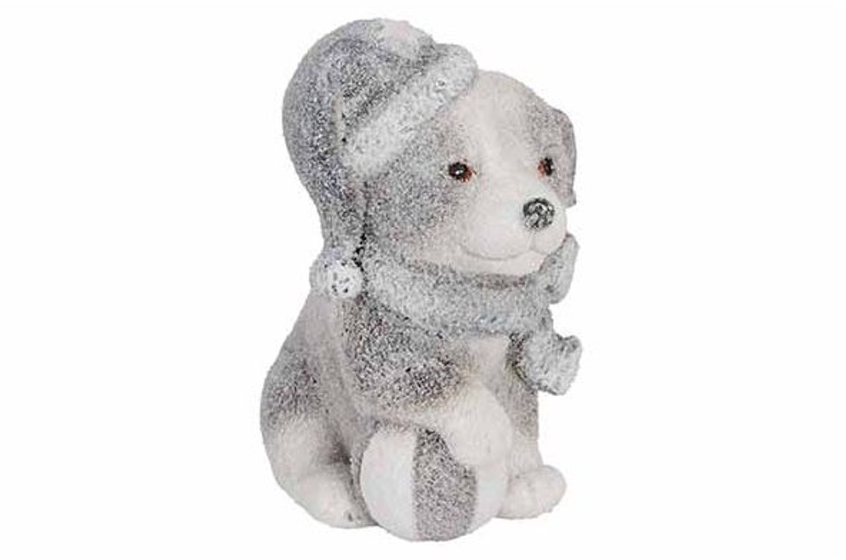 Hond Sitting Winter Outfit Grijs 11x7,8x H12,8cm Langwerpig Keramiek