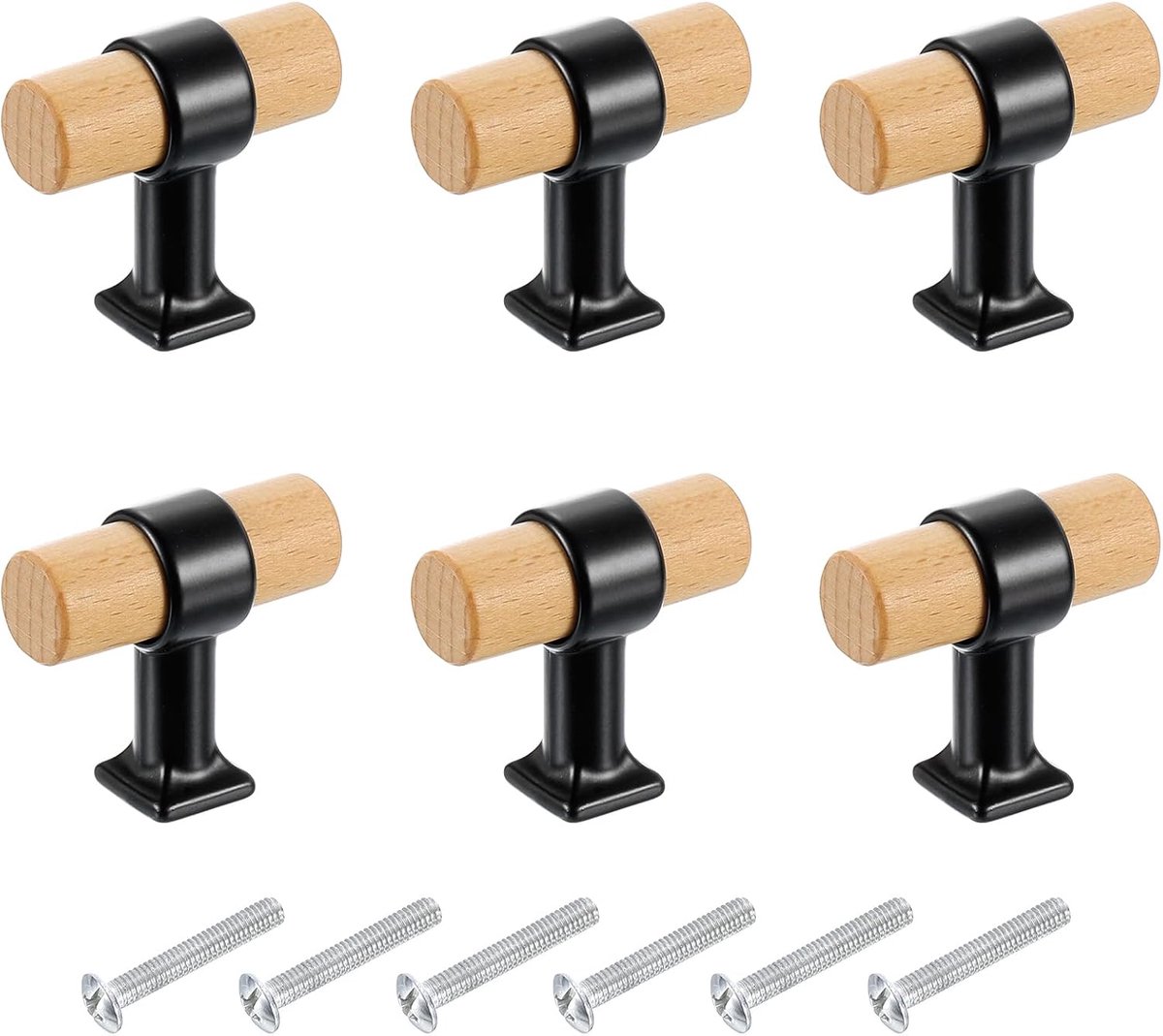 6 stuks houten T-greep ladegrepen, enkel gat, houten lade, meubels, ladegrepen met schroeven, voor thuis, keuken, kamer, kast, donkerbruin/zwart