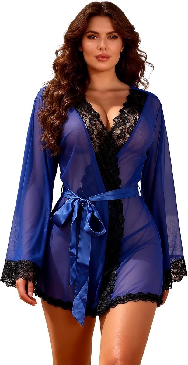 comeondear Babydoll Sexy Lingerie Voor Dames Grote Maat V-Hals Kant Kimono Transparant Met Tanga Nachtkleding Sexy Lingerie Voor Vrouwen