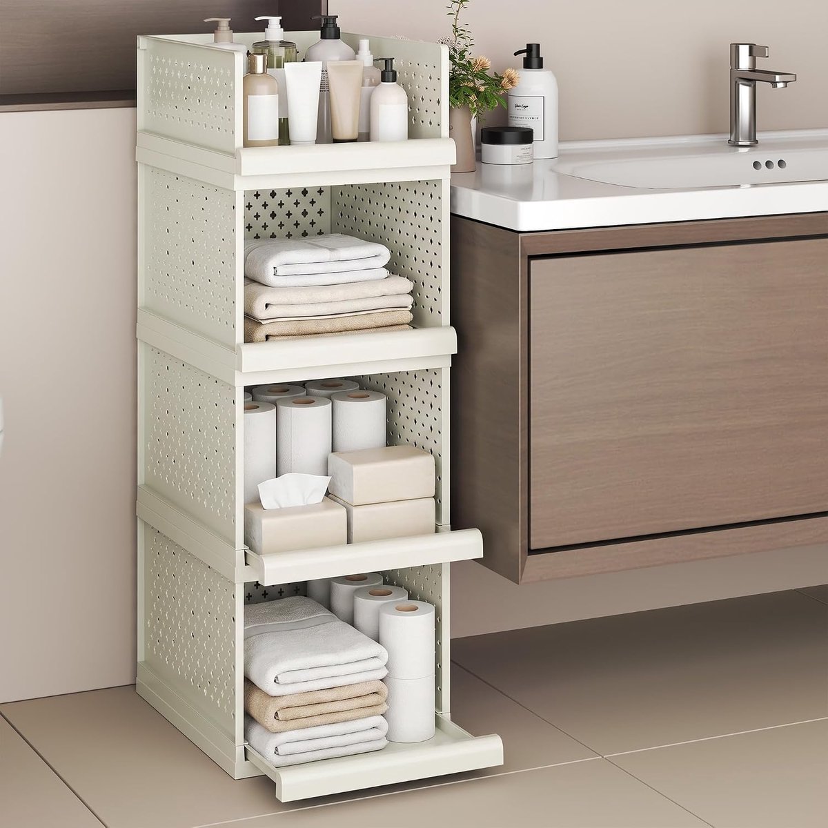 4 Packs Opslag Laden, Badkamer Organiser, 81,5 cm hoog Stapelbare Planken | Grote organizerdozen voor slaapkamer, badkamer, woonkamer, keuken, kantoor, entree, 32,5 cm breed