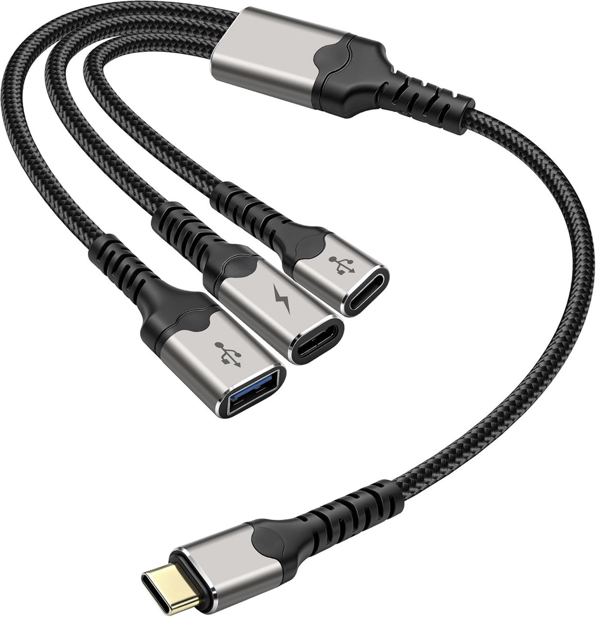 USB Type-C Y Splitter Oplaadkabel 1 in 3 Out Adapter USB-C Mannelijk naar 2 Type-C Vrouwelijk & 1 Type-A Vrouwelijk PD 60W Snel opladen en OTG-poort Data Transfer Converter Kabel - 30CM