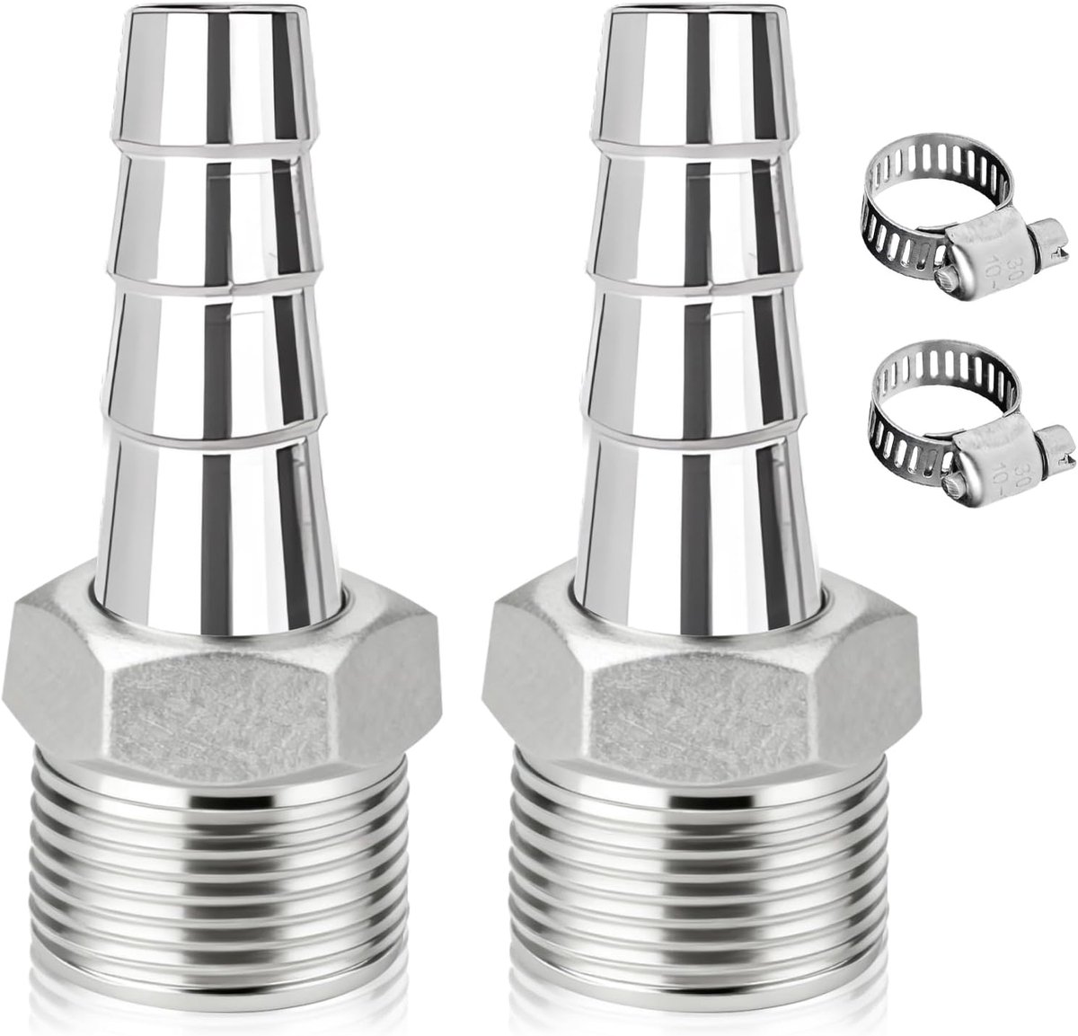 2 stuks 1/2 inch roestvrijstalen slangaansluiting, 10 mm x G1/2 AG weerhaken, slangverbinders, schroefdraadfittingen, 1/2 inch buitendraad, slangstekker adapter met 2 slangklemmen voor tuinslang