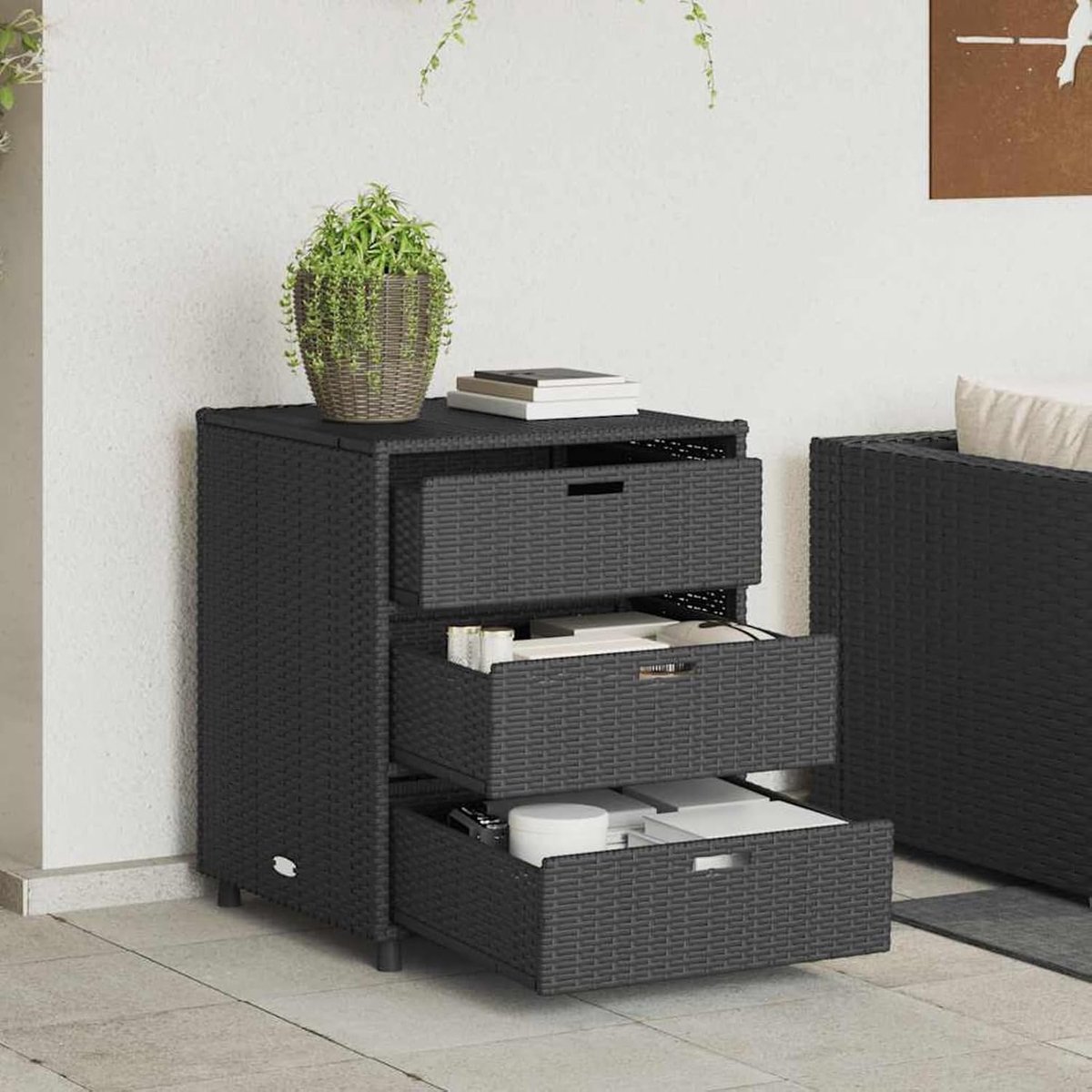 55x59x69 cm zwart van weerbestendig PE-rotan en gepoedercoat staal voor outdoor opbergruimte
