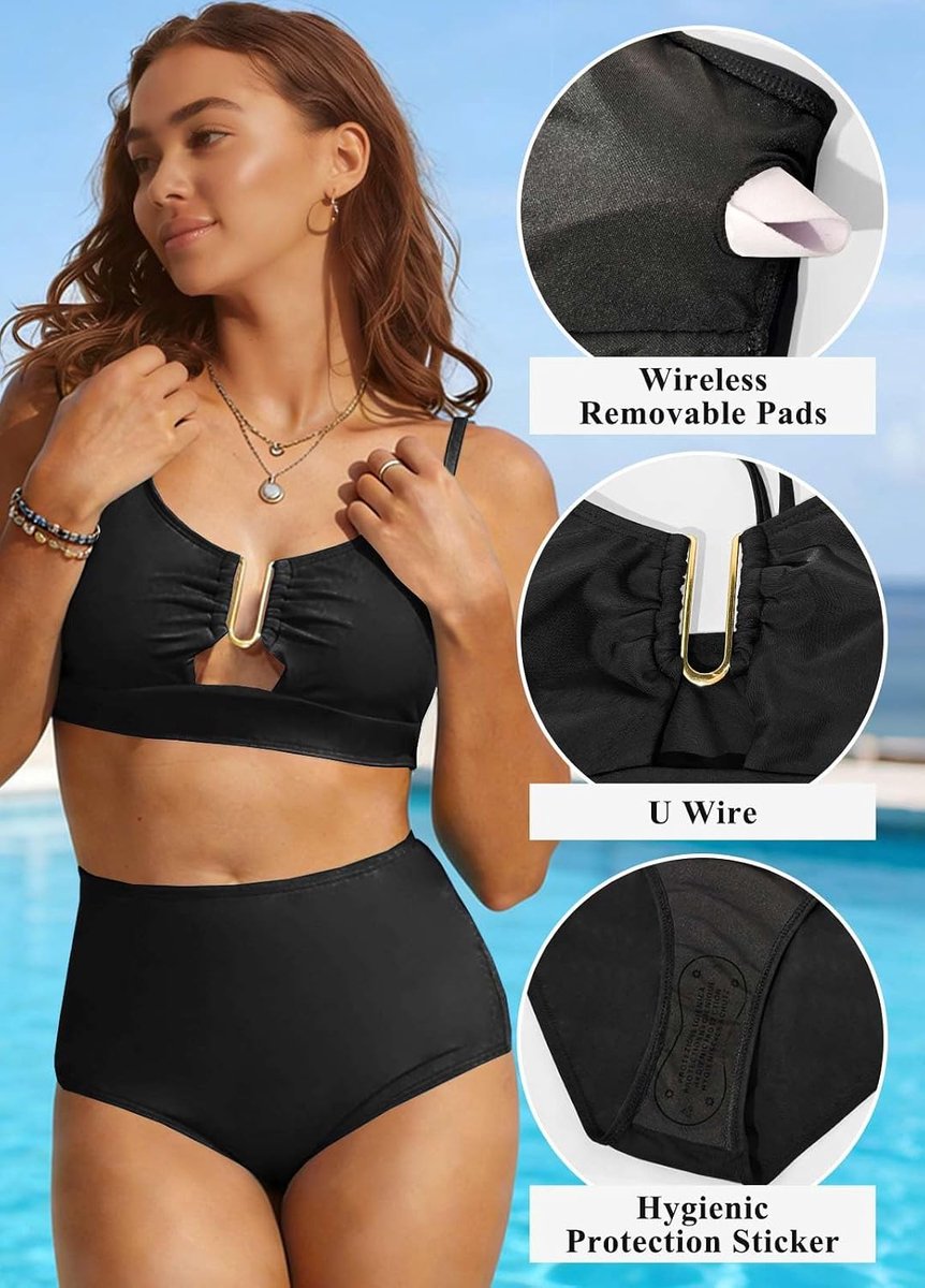 Badpakken voor dames, tweedelig, bikini-set, verstelbaar, push-up-beha, gevoerd, hoge taille, sexy badmode, metaal, U-hals, Braziliaanse strandkleding
