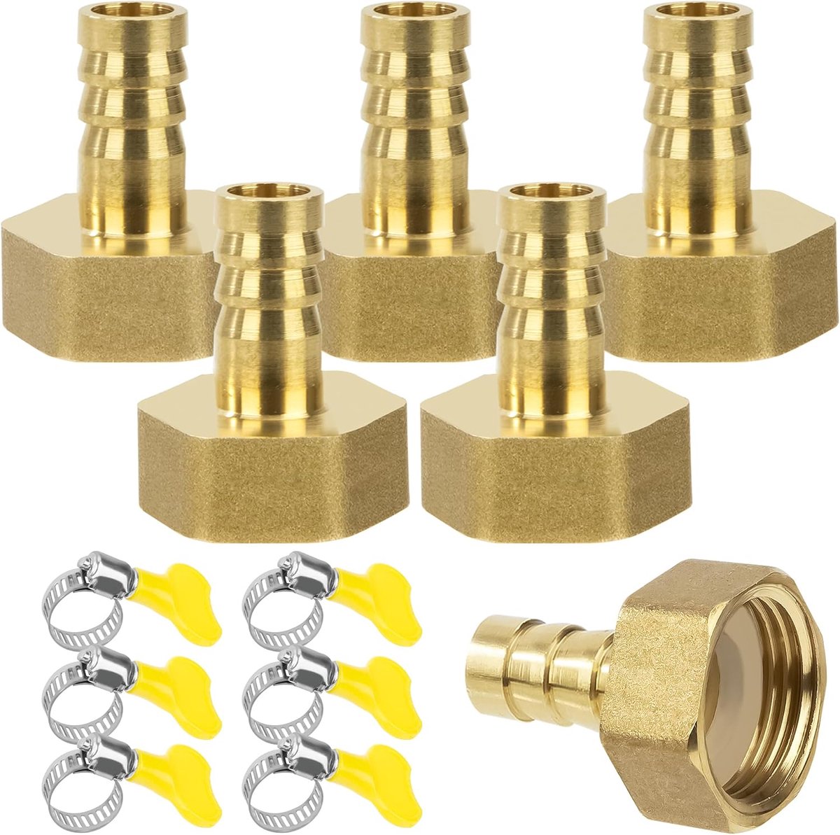 6 stuks 12 mm bar x 3/4 inch vrouwelijke slangconnector van messing, slangconnector adapter met klem voor water, gas, lucht