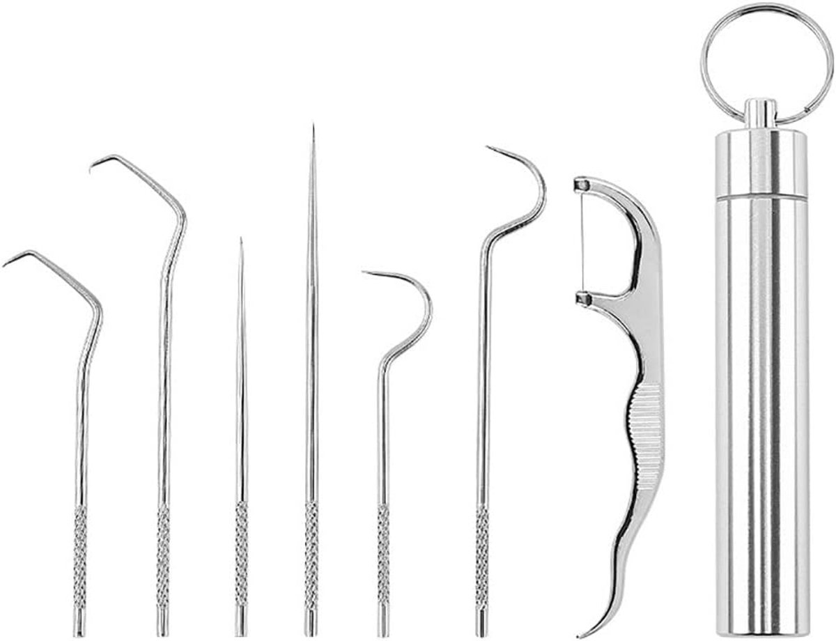 7-delige 2-set roestvrij stalen herbruikbare metalen tandenstokers voor tanden Draagbaar tandenstoker zakje met houder Tandverzorgingsset voor reizen outdoor camping