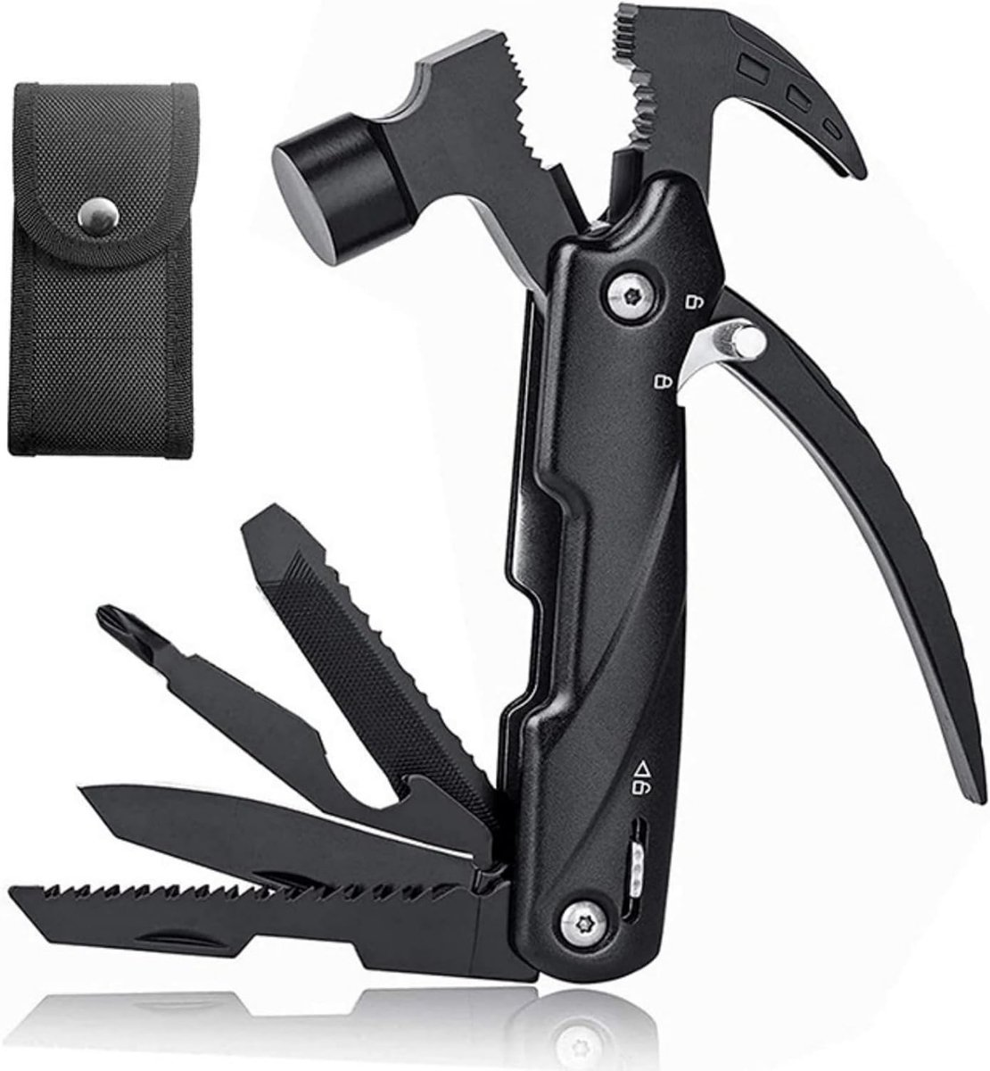 Multitool en hamergereedschap voor mannen, cadeau voor papa, echtgenoot, kamperen, wandelen, noodgevallen, overleven in de open, met opbergtas