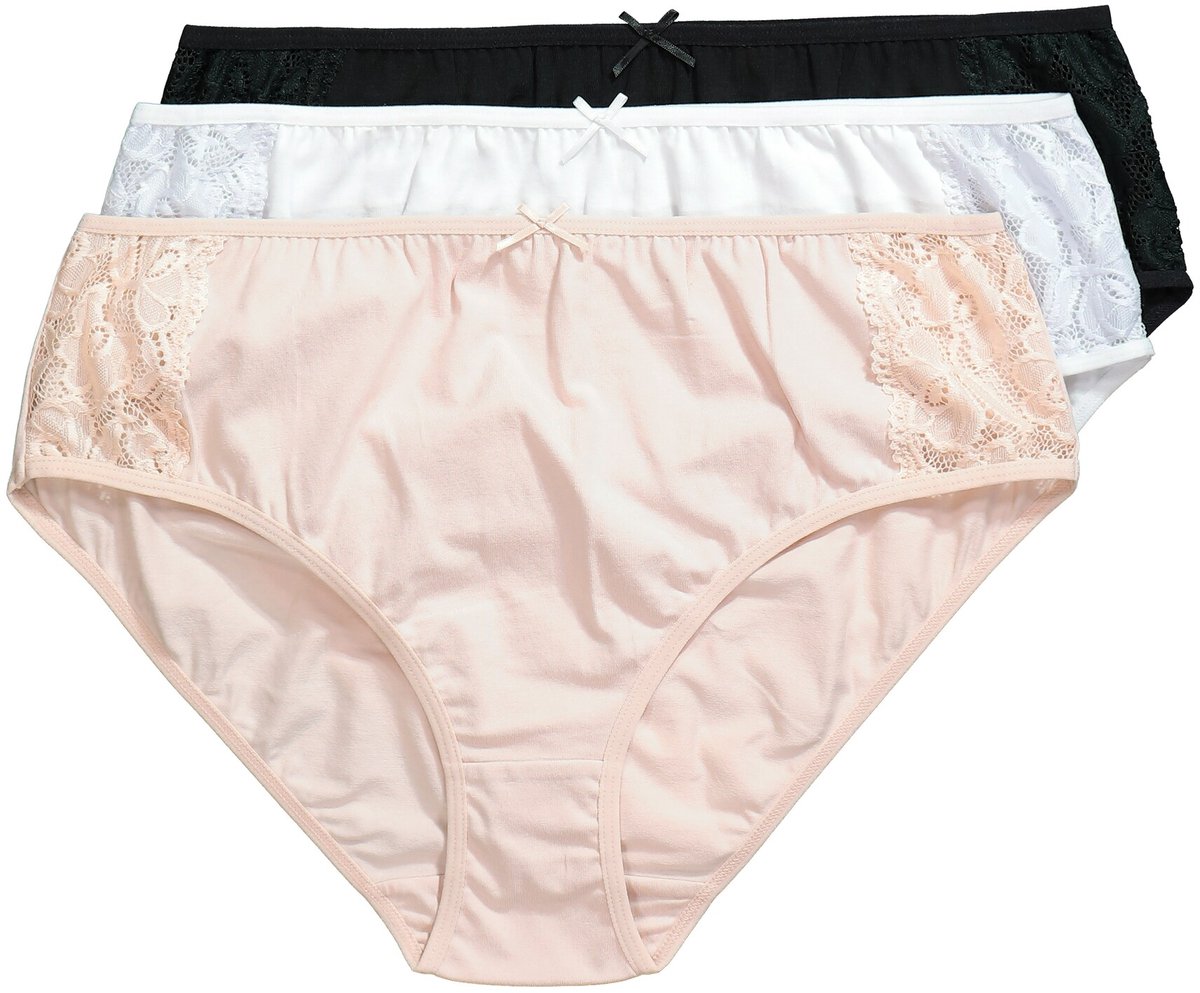 Ulla Popken - Dames - Midi-slips set van 3 zijkant met kant - Lichtbeige - Maat 54+
