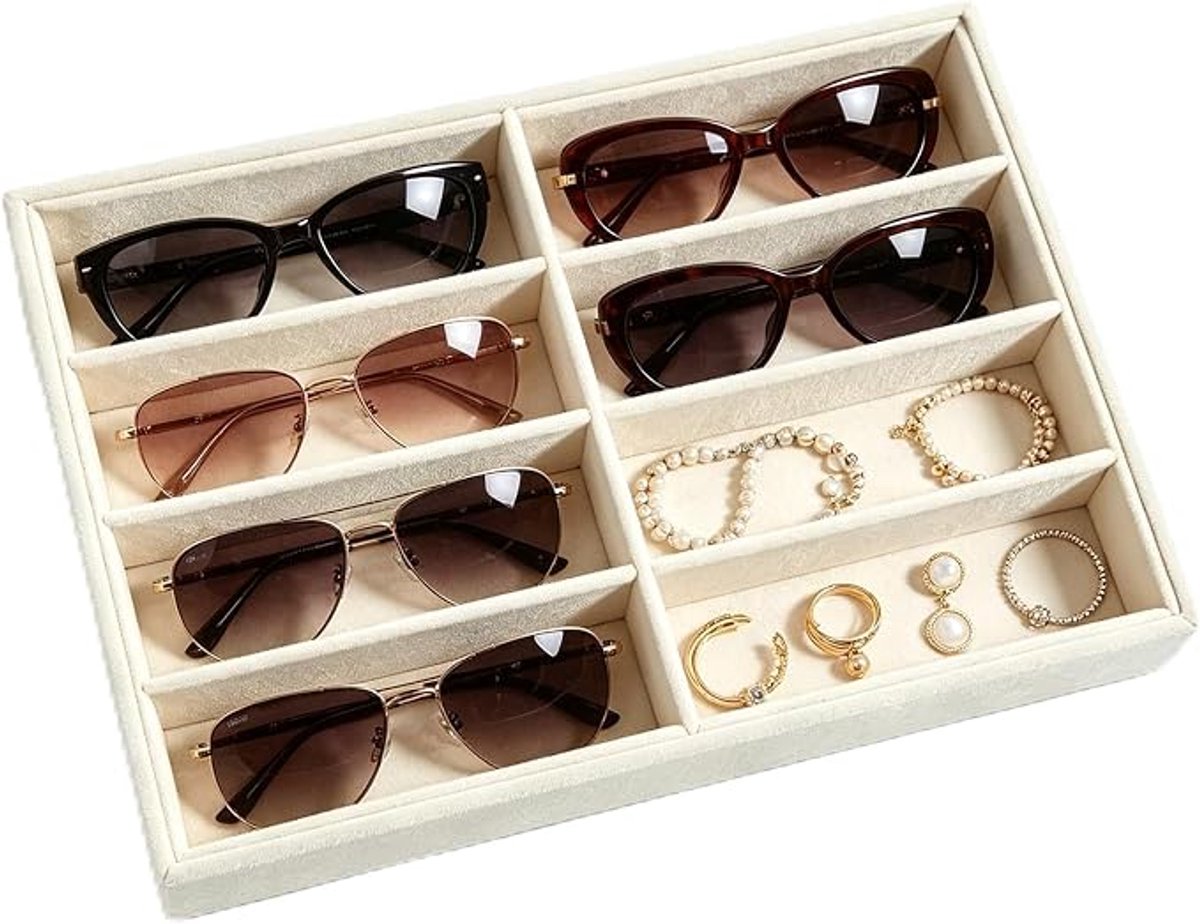 KZQ Opbergdoos voor zonnebrillen - Brillenrek - 8 vakken, fluweelachtig materiaal - Geschikt voor het opbergen van zonnebrillen, brillen, horloges, sieraden, enz. - Beige