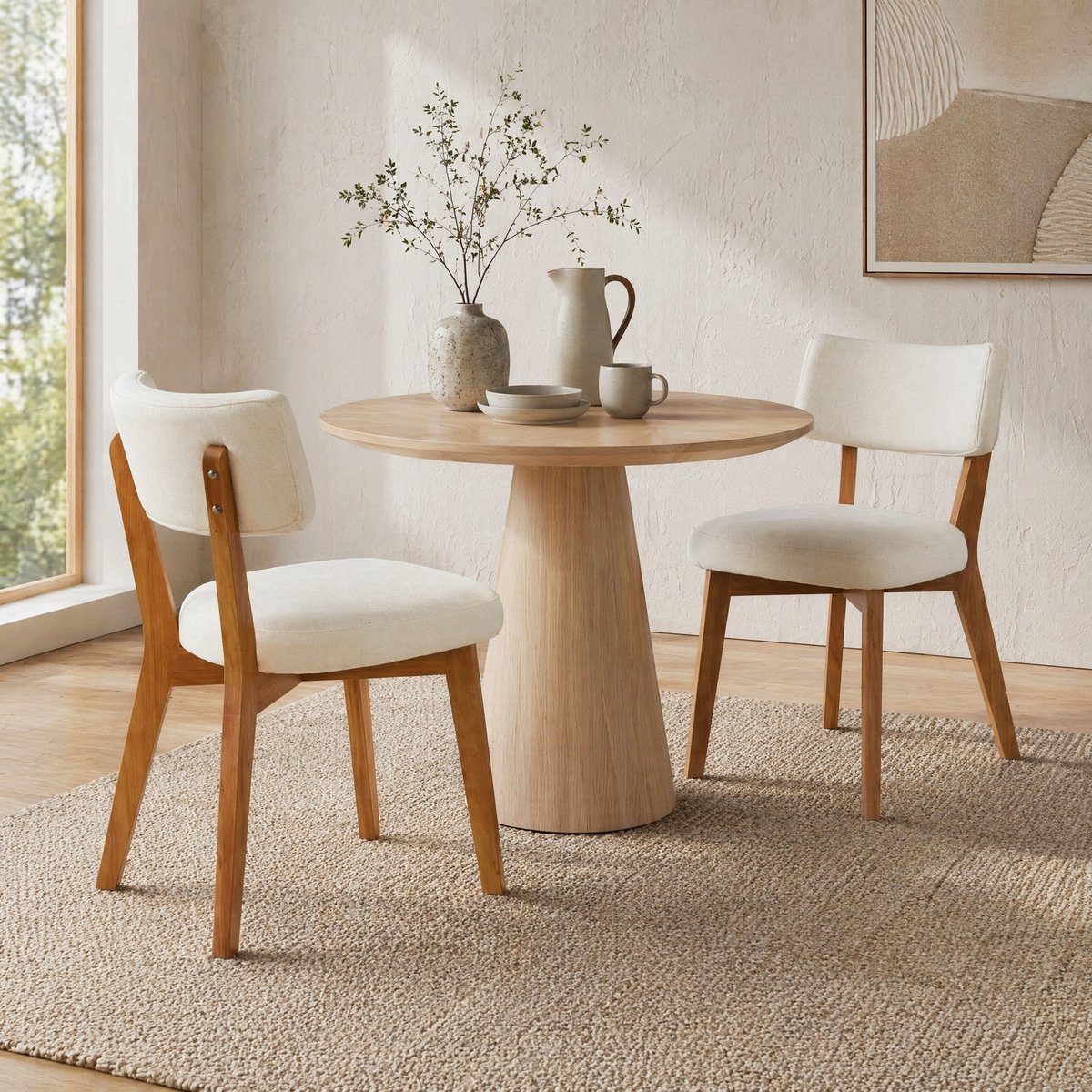 REDOM - Eetkamerstoel - Gewatteerde zitting en rugleuning - Stevige vierpootsconstructie - 200 kg draagvermogen - Eetkamer en kantoor - Stof en hout - Beige - 77 x 47 x 54,5 cm