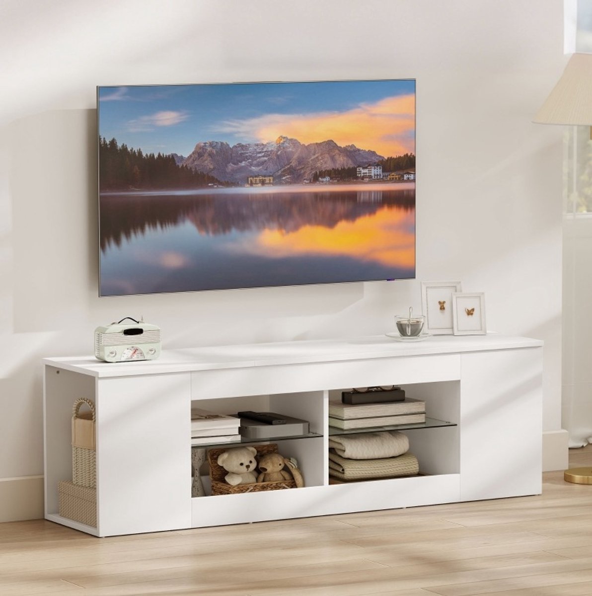 REDOM - TV-meubel - 6 vakken - glazen legplanken - FSC-gecertificeerde spaanplaat - moderne stijl - woonkamer - Wit - 140 x 42,5 cm