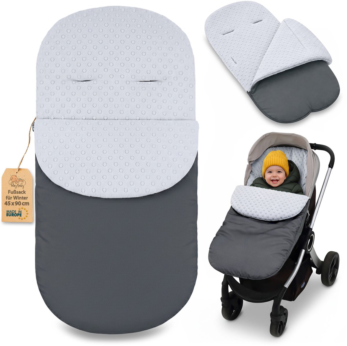 Voetenzak Kinderwagen en Buggy voor de Winter 90x45 cm - Winter Voetenzak Warme Inleg Omslagdeken Baby Accessoire warm Minky Oeko-Tex certificaat Donker Grijs