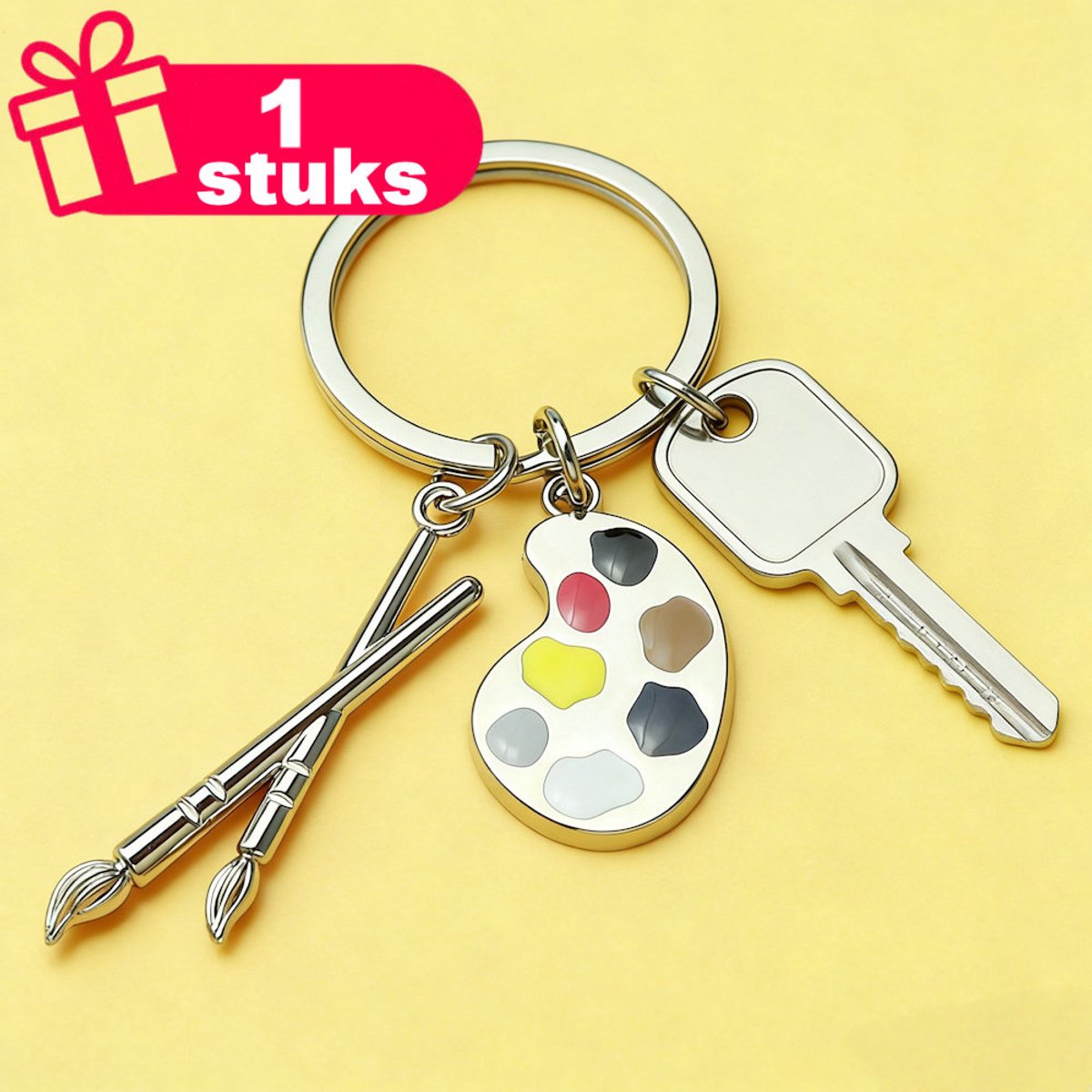 Decopatent - Premium Keychain - Metalen Sleutelhanger Schilder - Verfpalet & Kwasten - Luxe Keychain - Sleutelring - Cadeau voor Kunstenaars - Zilverkleurig
