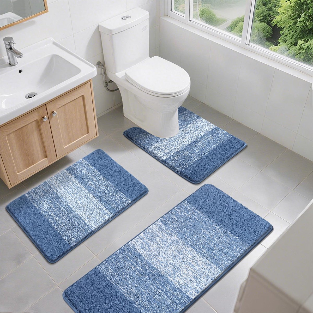 SnelShoppen - Microfiber 3-delige Badmat Set Antislip Badkleden en Toiletmatten voor Badkamer Wasbaar Absorberend Zacht Blauw