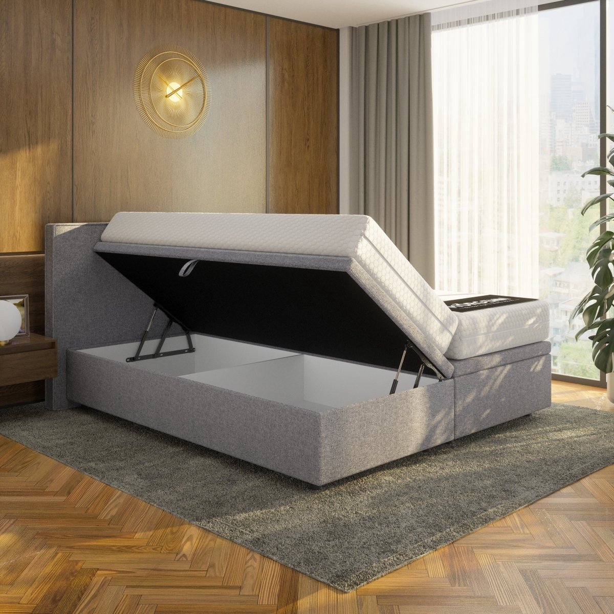 Mörgenn Opbergboxspring Havn - 900 Liter Opbergruimte - Zilvergrijs - 90x210 cm - Zonder Matras - Inclusief Dekbed en Kussens