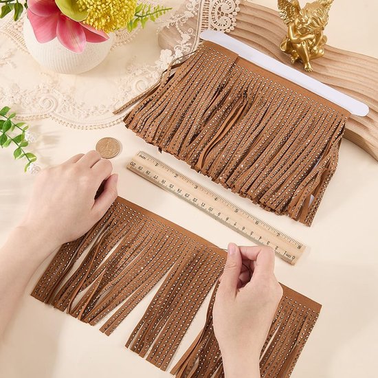 afgezet met franjes van suède, 1,83 m, leren kwastlint met parels, 13,5 cm, voor naaien, accessoires voor kleding, tassen en knutselwerk (bruin) — afbeelding 2