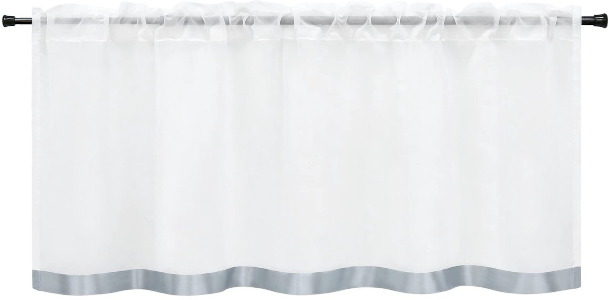 Voile bistrogordijn met satijnen band, korte stores, tunnelkoord, gordijnen voor in de keuken, voorhang met opgenaaid satijnen band als borduurwerk, grijs BxH 90x30 cm