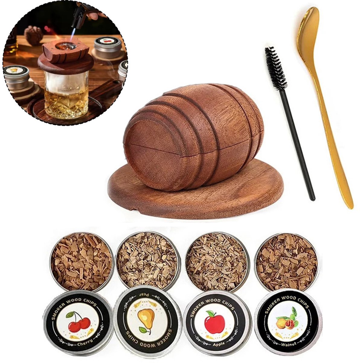 Whiskey rookset - Cocktail rookoven - Rookgerei & bartenders - Houten rookoven – Inclusief vier smaken, aluminium doos, houtsnippers, 1 lepel, 1 borstel en houten vat - Cadeau voor mannen