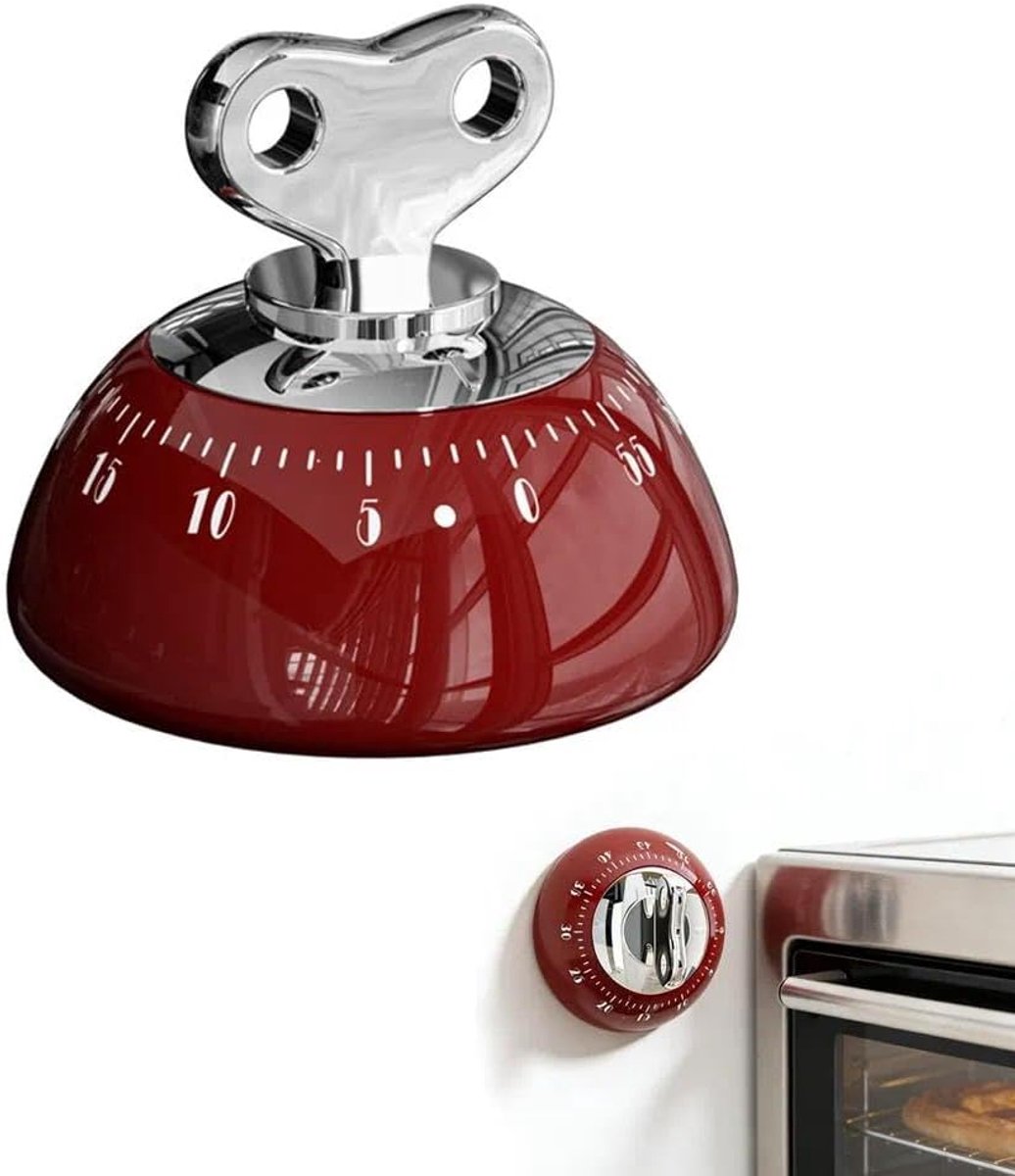 Ulisem - Mechanische Keukentimer – Retro Kookwekker 60 Minuten – Magnetische Kooktimer – Handmatig Opwindbaar – Luide Alarmtimer voor Koken, Bakken, Studie & Klaslokaal – Rood