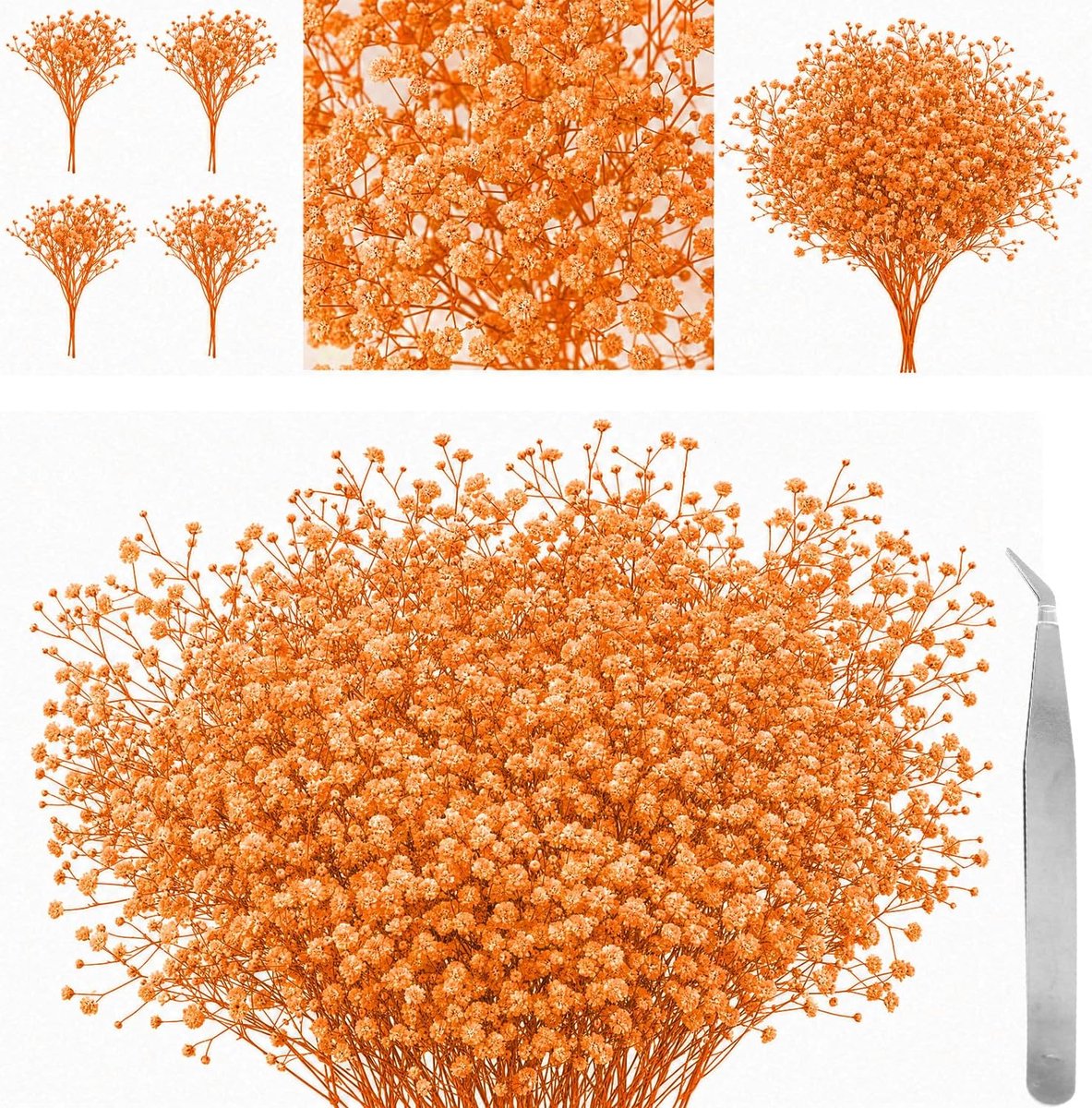 Gedroogde Geperste Gipskruid Bloemen met Pincet, Natuurlijke Oranje Gedroogde Bloemen voor Hars, DIY Knutselen, Kaarten Maken, Bruidstaart Decoratie