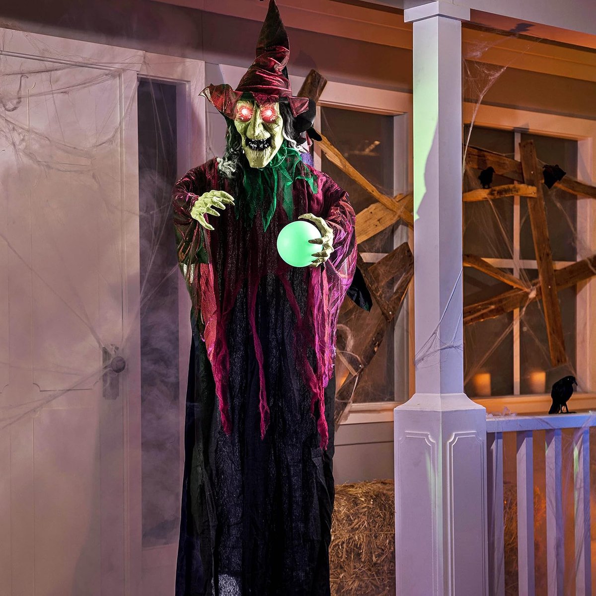 Halloween hangende heksendecoratie 179,8 cm, geanimeerde griezelige heks met led-ogen en geluid voor Halloween, decoratie voor buiten, gazon, tuin, terras, spookhuis, feest
