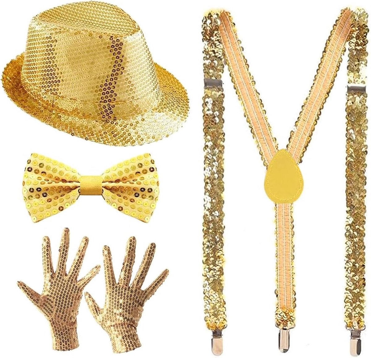 kostuum met pailletten, glitter herenaccessoires, paillettenhoed, pailletten, strik en handschoenen, geschikt voor discofeesten, rave carnaval, rollenspelfeesten