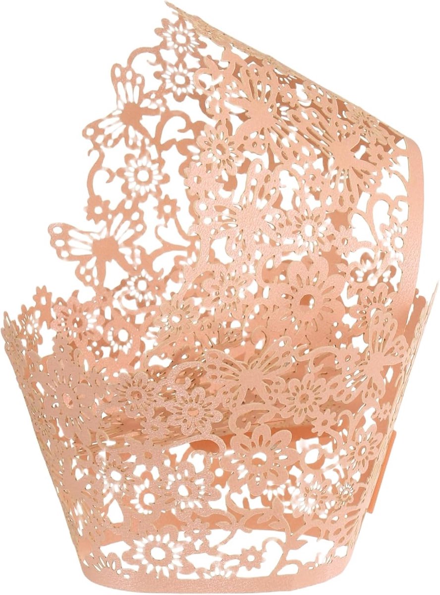 50 stuks cupcakevormpjes van kant, opengewerkt vlinderdesign, cupcake-enveloppen, voor verjaardagen, bruiloften, feesten, lichtroze