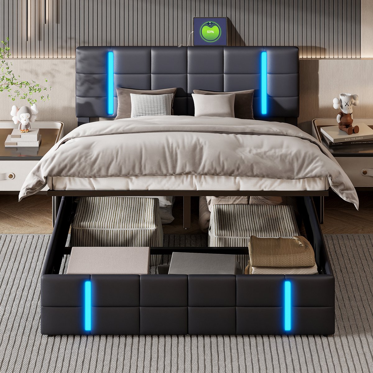 ROSAHQNDA Tweepersoonsbed 160x200 cm, volwassen bed met led verlichting en opbergruimte, pu gestoffeerd bed met hoofdbord en lattenbodem, zwart, zonder matras