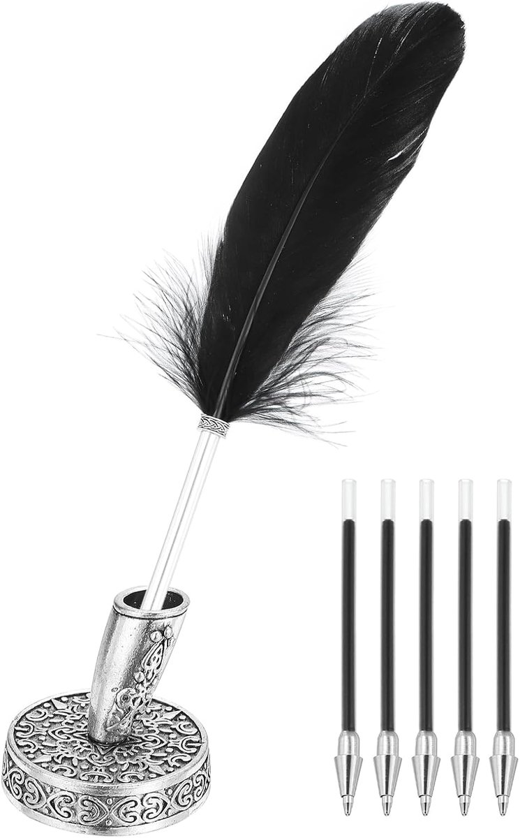 Zwarte veren balpennen bulk, metalen houder zwarte inkt vintage ganzenpennen met 5 stuks navulling voor kantoor, bruiloft handtekening