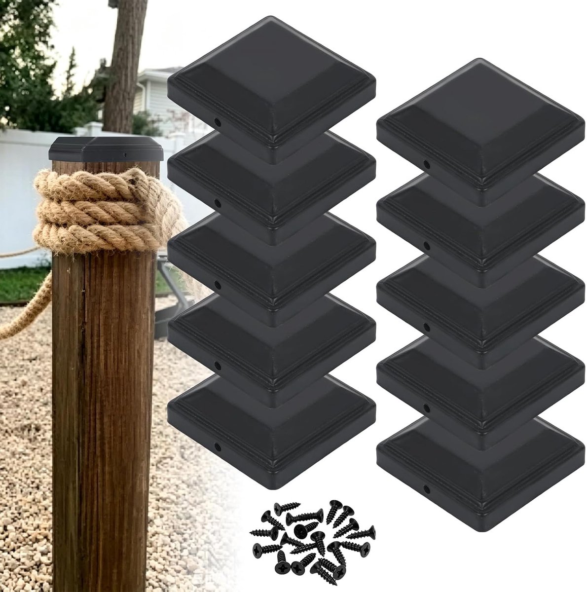 7 x 7 cm, 10 stuks zwarte metalen paaldoppen, weerbestendige hekpaaldoppen, hoekige afdekkap met schroeven, paalafdekking voor houten palen, omheining, tuin, terras (12 x 12 cm)