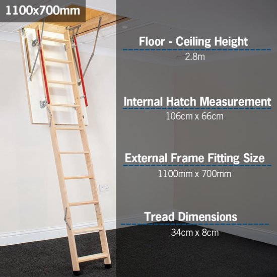 Luxe Houten Zoldertrap - Inklapbare Vlizotrap met Dubbele Leuningen en Geïsoleerd Luik - Geschikt voor Plafondhoogtes tot 2,8 m (1100 x 700mm) van Luxe. — afbeelding 2