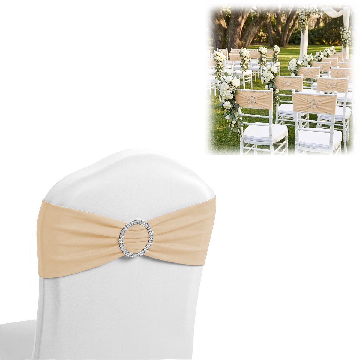 AUFUN 10 Stuks Elastische Stoelbanden Met Gesp En Strik – Champagne – 14 x 34 cm (universele maat)– Geschikt Voor Bruiloften, Vieringen, Feesten, Hotels En Restaurants.