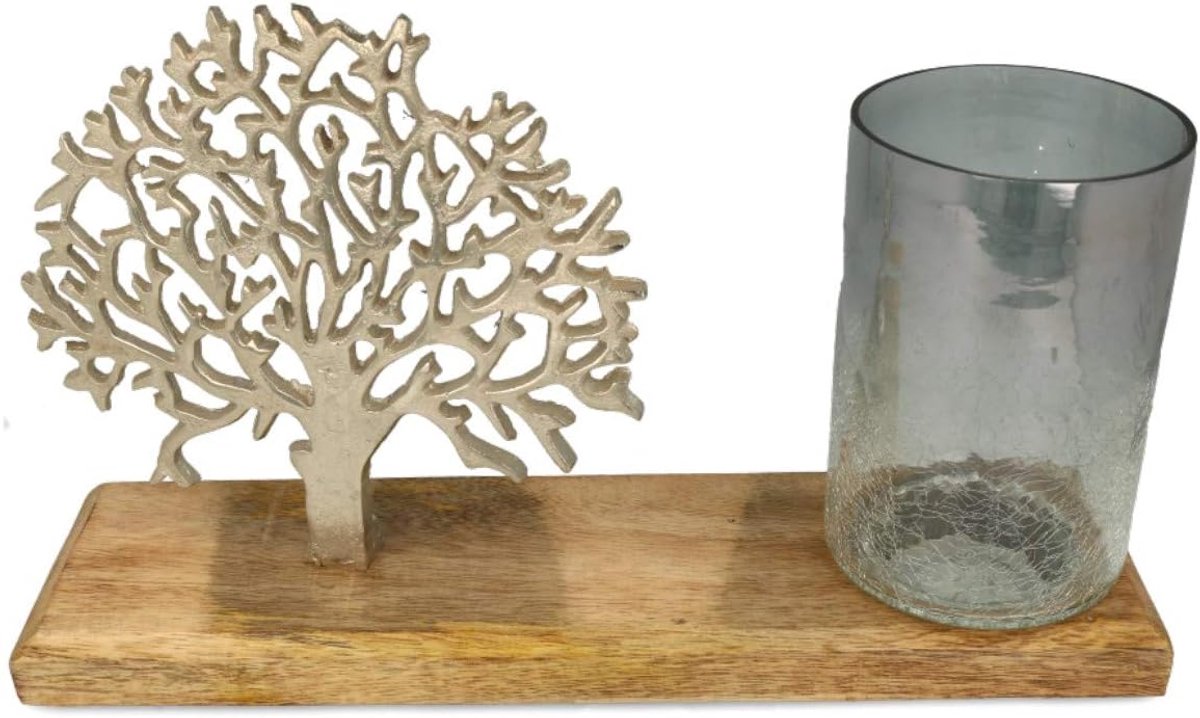 boom op houten voet glas windlicht tuin tafeldecoratie