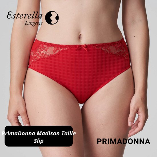 Rode tailleslip van PrimaDonna Madison met ruitpatroon, kanten tailleband en strikje.