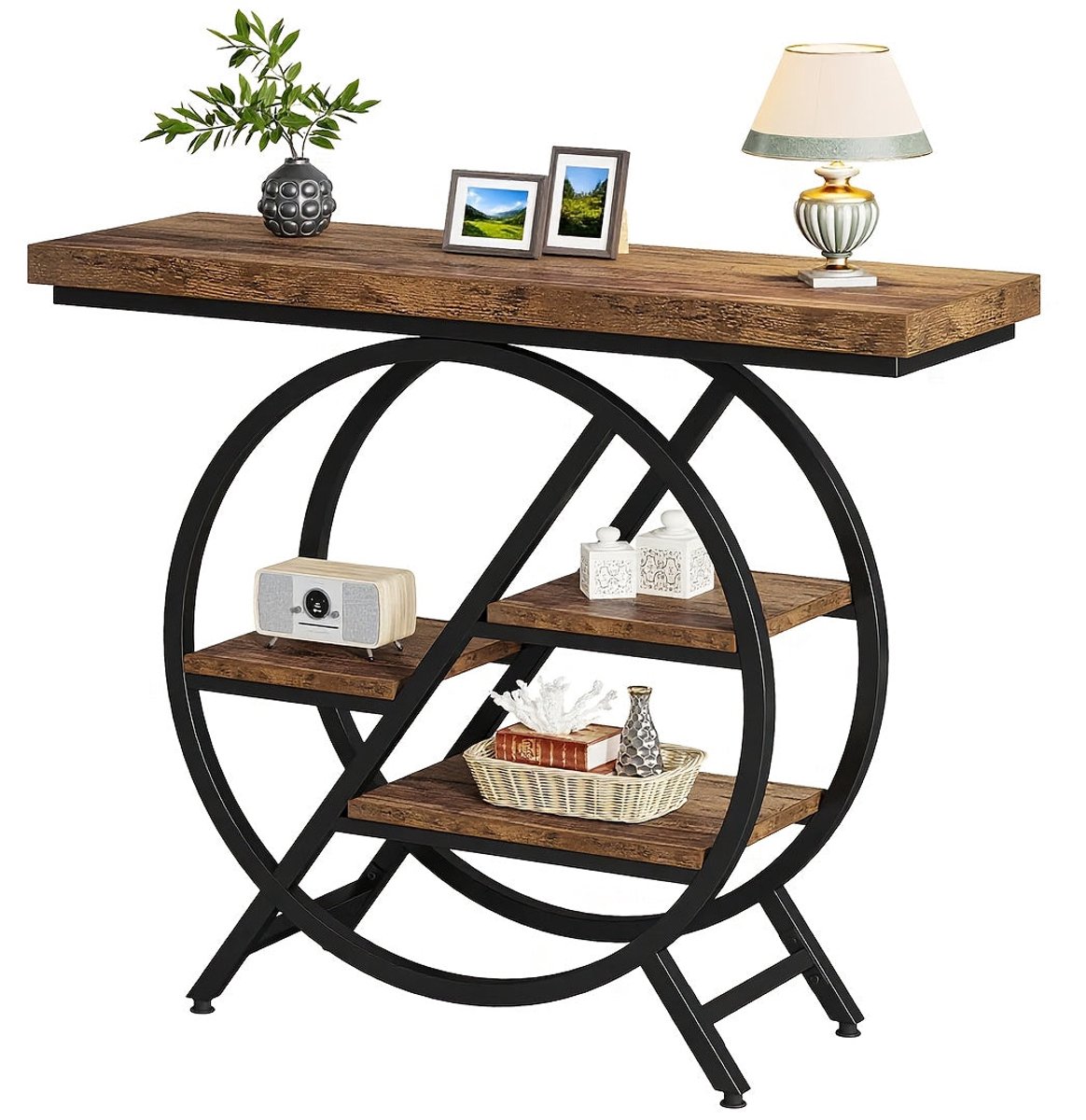 Home & Beyond® Sidetable - Consoletafel Haltafel en Smalle Wandtafel - 4-Laags met Geometrisch Metalen Frame - Rustiek Bruin Zwart - 100x30x82 cm