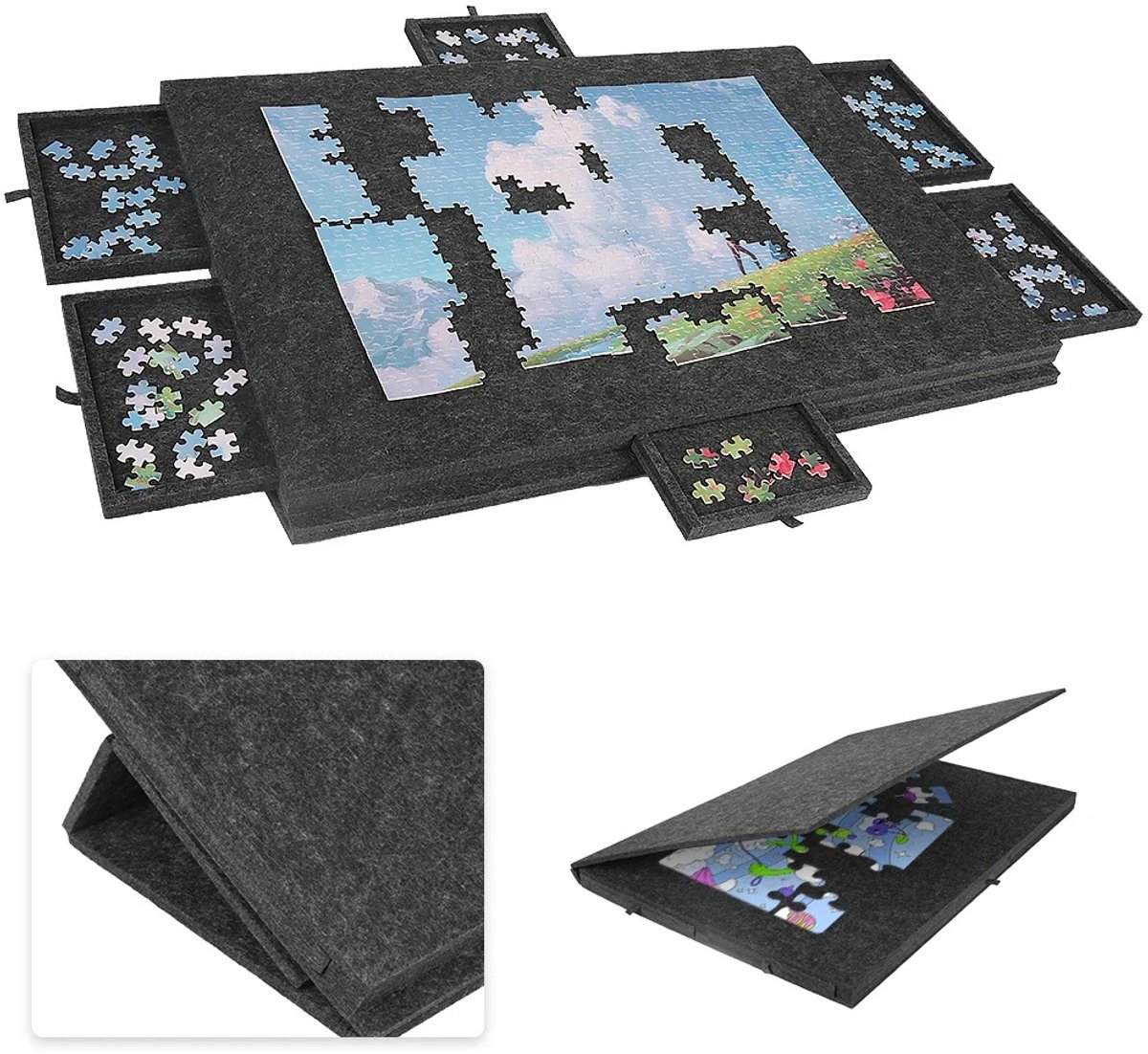 VidaStore puzzelmat - Puzzelbord - Puzzeltafel - Stevig vilt - Veilig opbergen - Kantelbaar - 6 schuiflades - 1000 stukjes