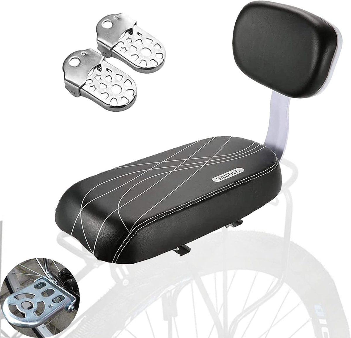SnelShoppen - Fietsstoeltje voor Kinderen, Achterzitje met Rugleuning, MTB PU Leer, Zacht Kussen, Veilig en Comfortabel voor Kinderen en Volwassenen