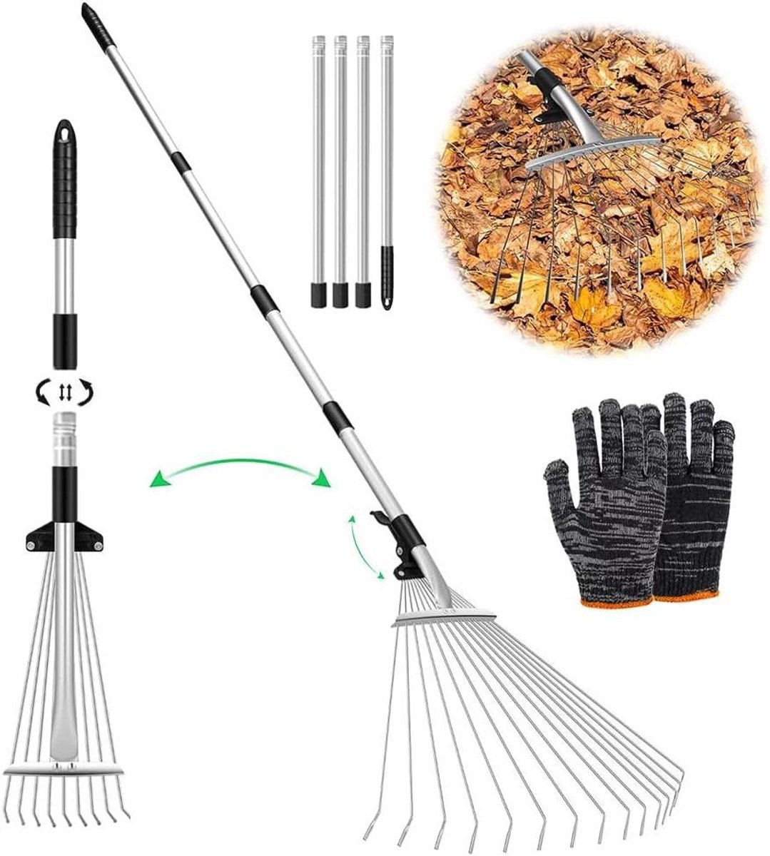 Bladbezem met steel - Tuin hark - Gazon opruimen - Verstelbare kop - 215 cm - Zilver