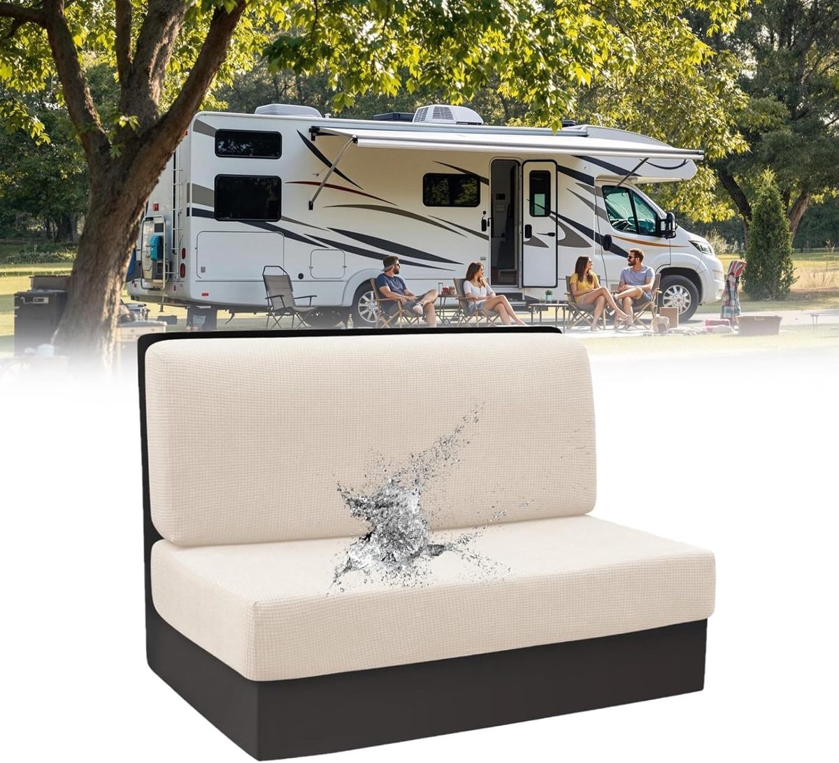 Bankovertrek voor camper, 2 stuks (1 set), wafelpatroon, stretch, caravan, dinette, stoelhoezen, spatwaterdicht, ritssluiting, zitkussenhoes, bank, meubelbescherming, wasbare kussens