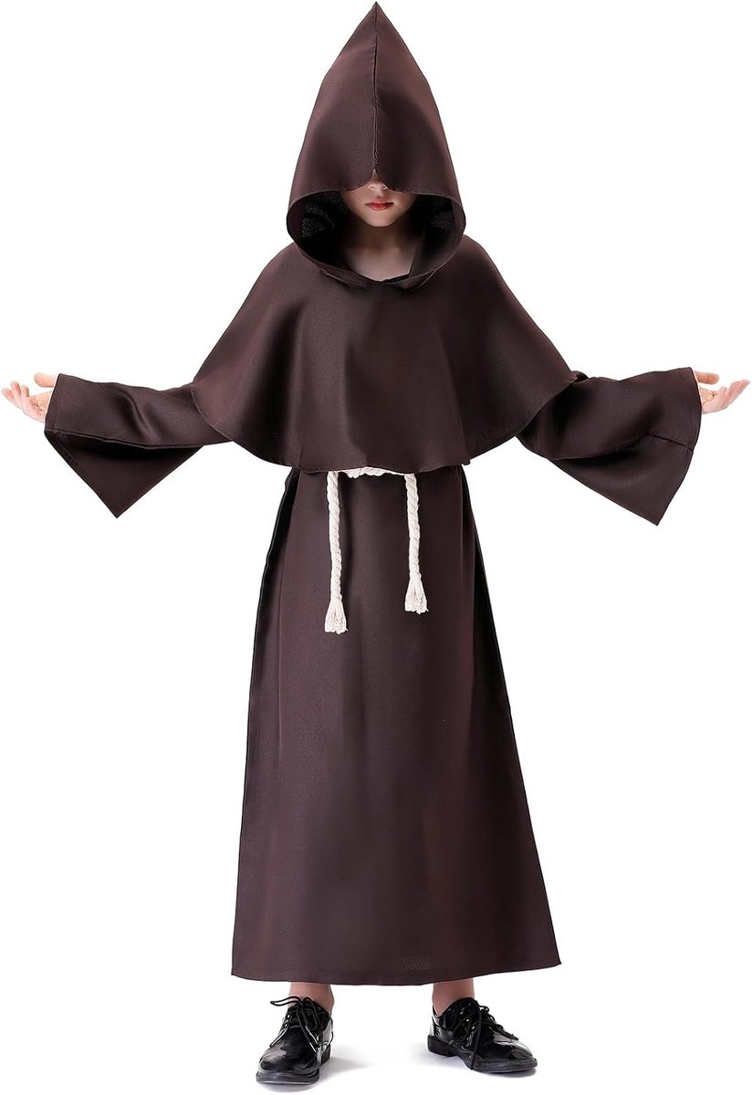 Monnik-Priester, Tuniek voor Kinderen, Middeleeuwse Renaissance, Kostuum met Capuchon, Cape, Kruis, Zwart