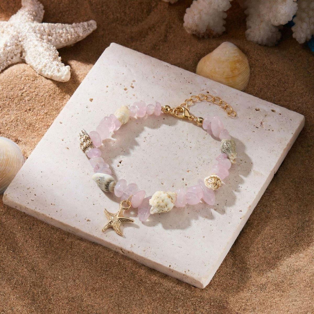 Damesarmband – 18+5 cm– Ketting met zeester en schelp (imitatie) – Armband van trommelsteentjes in strandstijl – Kralenketting met oceaanthema – Kralensieraden voor dames – Kralenketting voor feestjes met strandvibe – Geschikt voor dagelijks gebruik