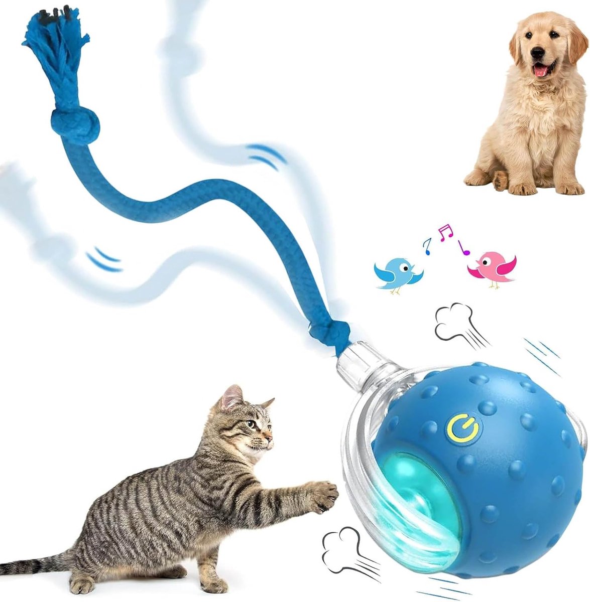 ZVD Interactief huisdierspeelgoed - Kattenspeelgoed - Met vogelgeluiden en een touwtje - Interactieve speelbal voor katten en honden - Slim automatisch rollen 360° - Elektrische speelbal voor katten en honden - Blauw