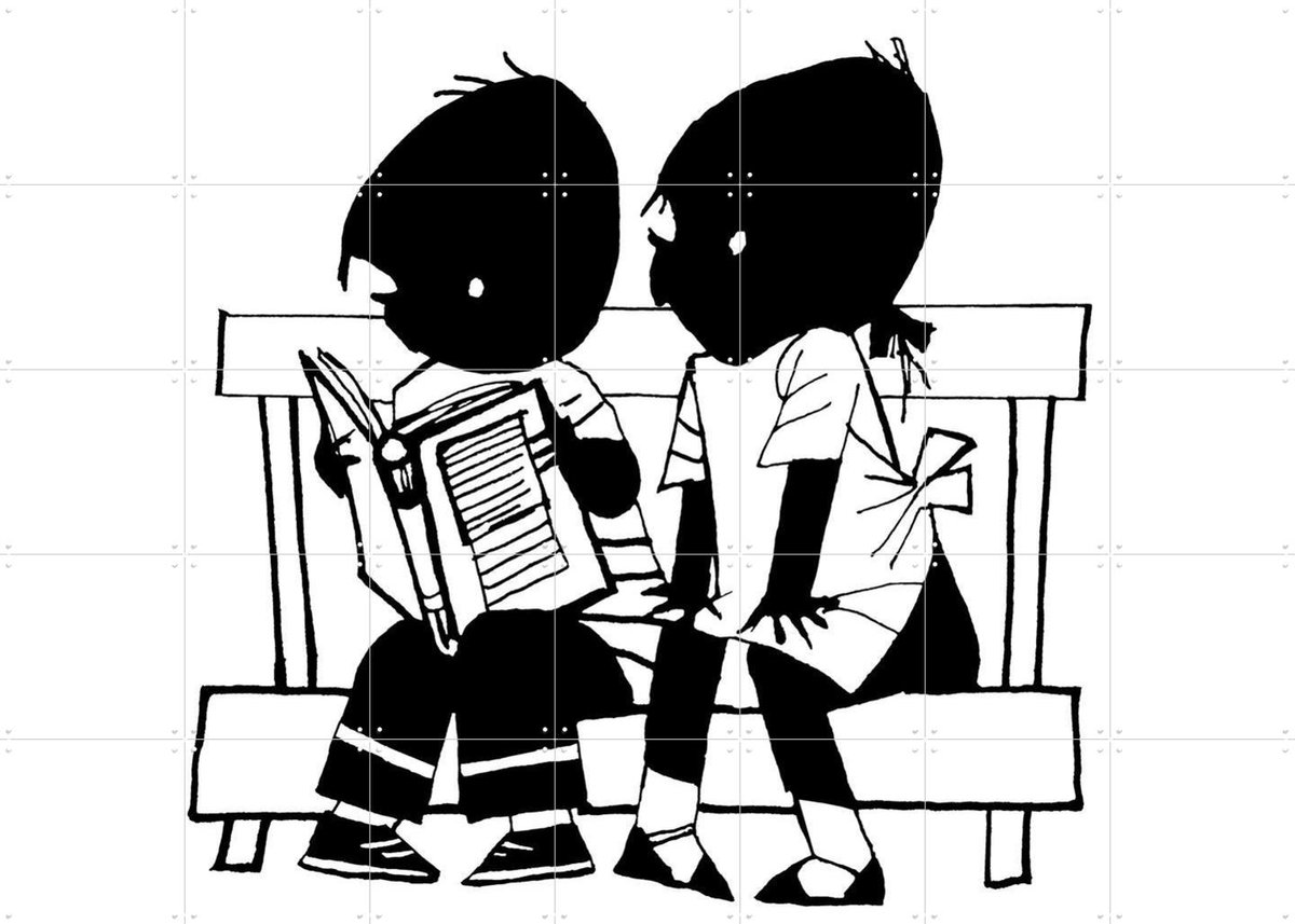 IXXI Samen Op Het Bankje, Fiep Westendorp - 140 x 100 cm - Gratis ophangtool - Grote wanddecoratie en posters - Tekeningen, Speels, Kinderkamer