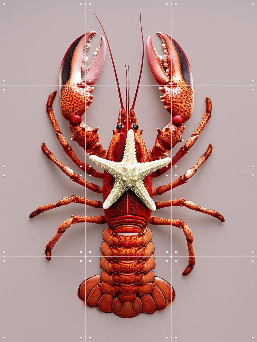 IXXI Red Lobster with Starfish - Pastel Pink, OTTI - 60 x 80 cm - Gratis ophangtool - Grote wanddecoratie en posters - Kleurrijk, Modern, Strandhuis