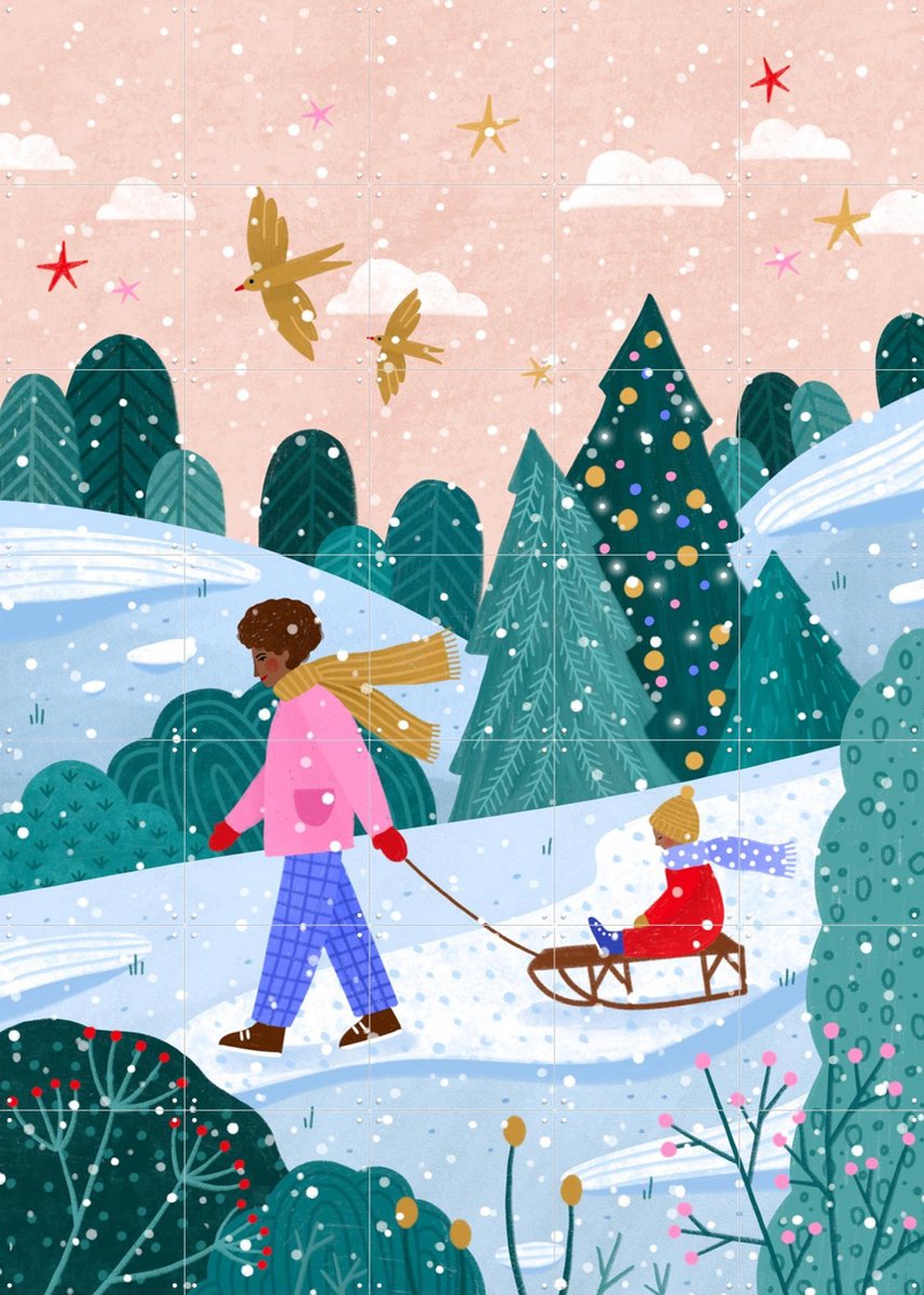 IXXI Snowy Sledge Walk, Bea Müller & Various - 100 x 140 cm - Gratis ophangtool - Grote wanddecoratie en posters - Fantasierijk, Kleurrijk, Speels