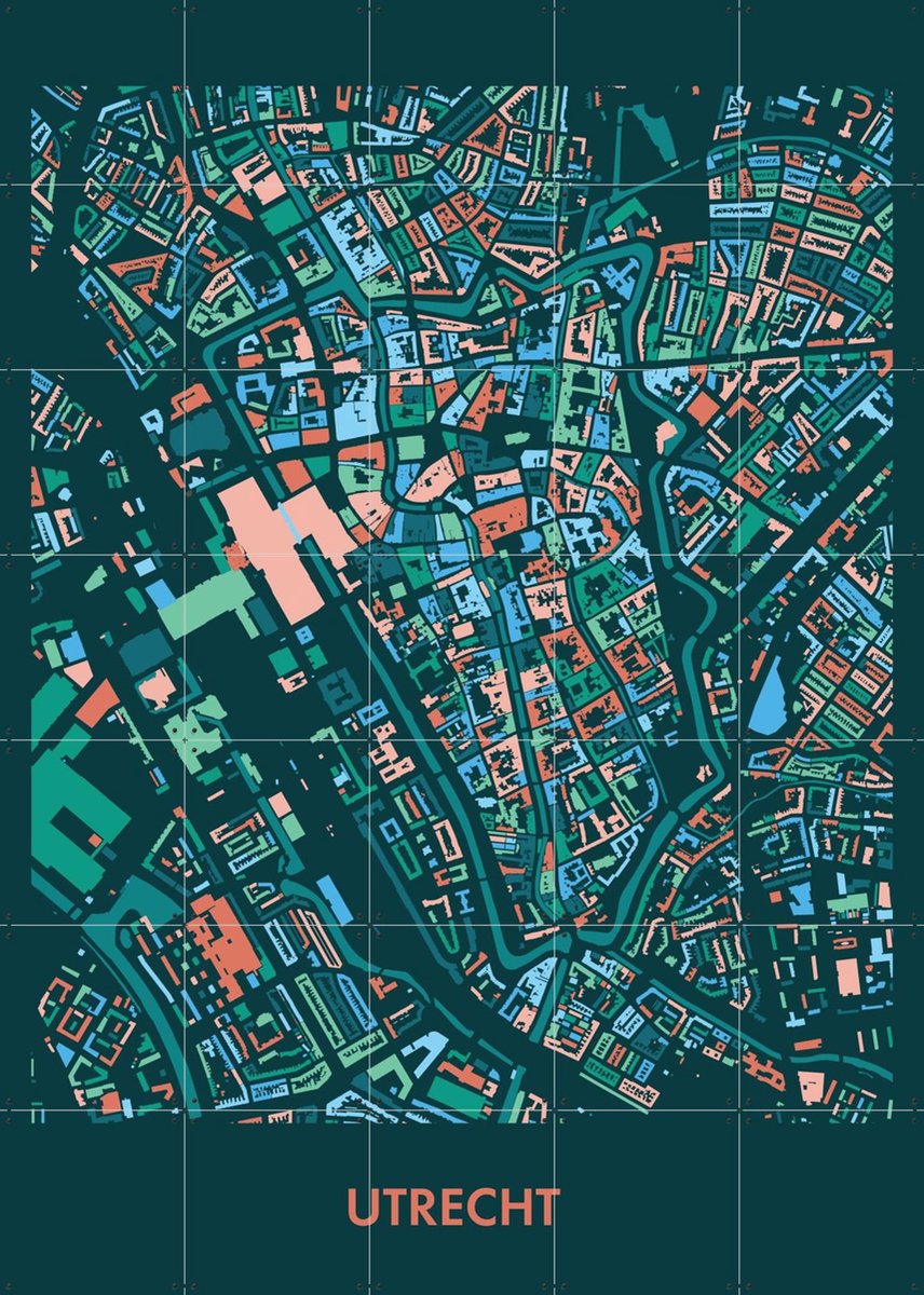 IXXI Utrecht Mozaïek Teal, Kunst in Kaart - 100 x 140 cm - Gratis ophangtool - Grote wanddecoratie en posters - Kleurrijk, Geometrische Kunst