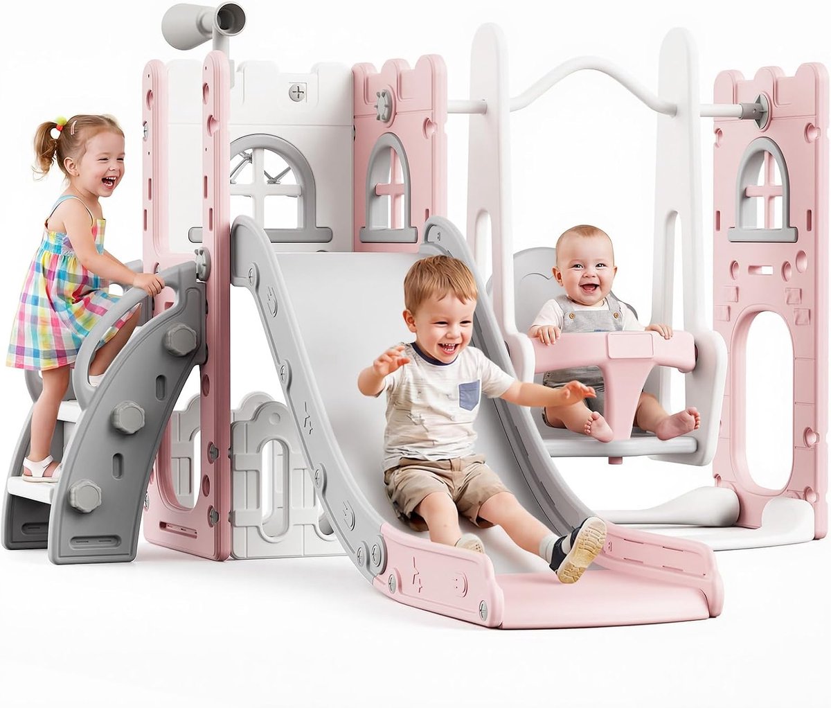 Triumpunpre - Kinder speeltoestel 7-in-1 - glijbaan en schommel multifunctioneel - antislip treden - telescoop en opbergruimte - Roze en Grijs