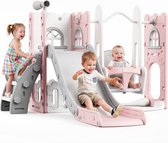 Kinder speeltoestel 7-in-1 - glijbaan en schommel multifunctioneel - antislip treden - telescoop en opbergruimte - Roze en Grijs