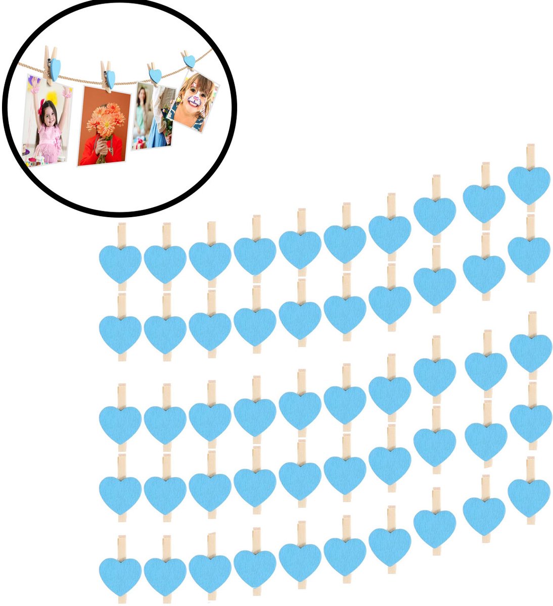 50-stuks Clips - Houten clips - Mini clips - Fotoclips - Hartvormige mini wasknijpers - Mini houten hartvormige wasknijpers - 1.5×3×0.5cm - Geschikt voor foto's, paperclips, zelfgemaakte Valentijnskaarten, tekeningen, scrapbooks, enz. - Blauw